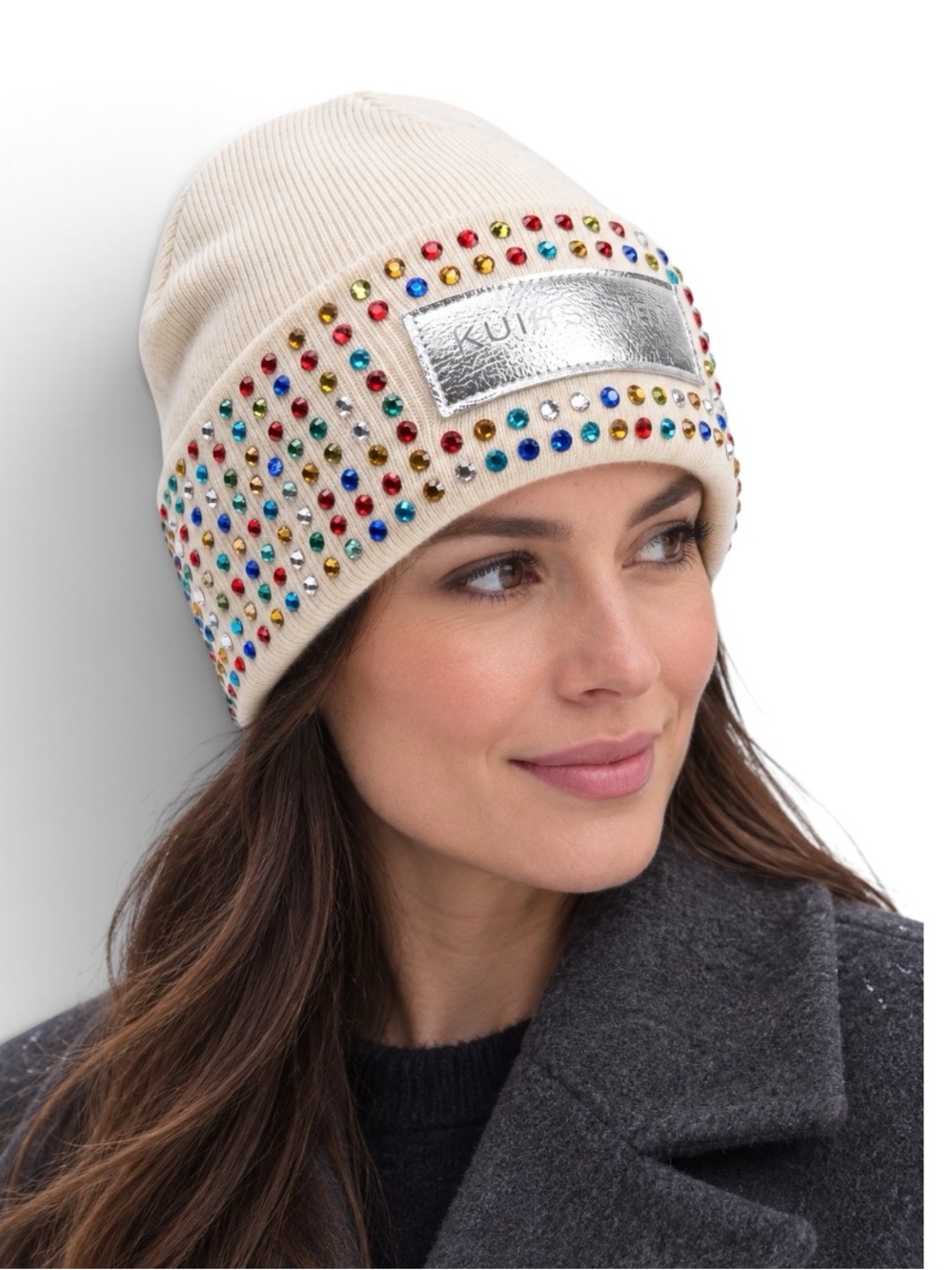 Kurt Geiger London Cream Rainbow Rhinestone Wool Blend Beanie NWOT